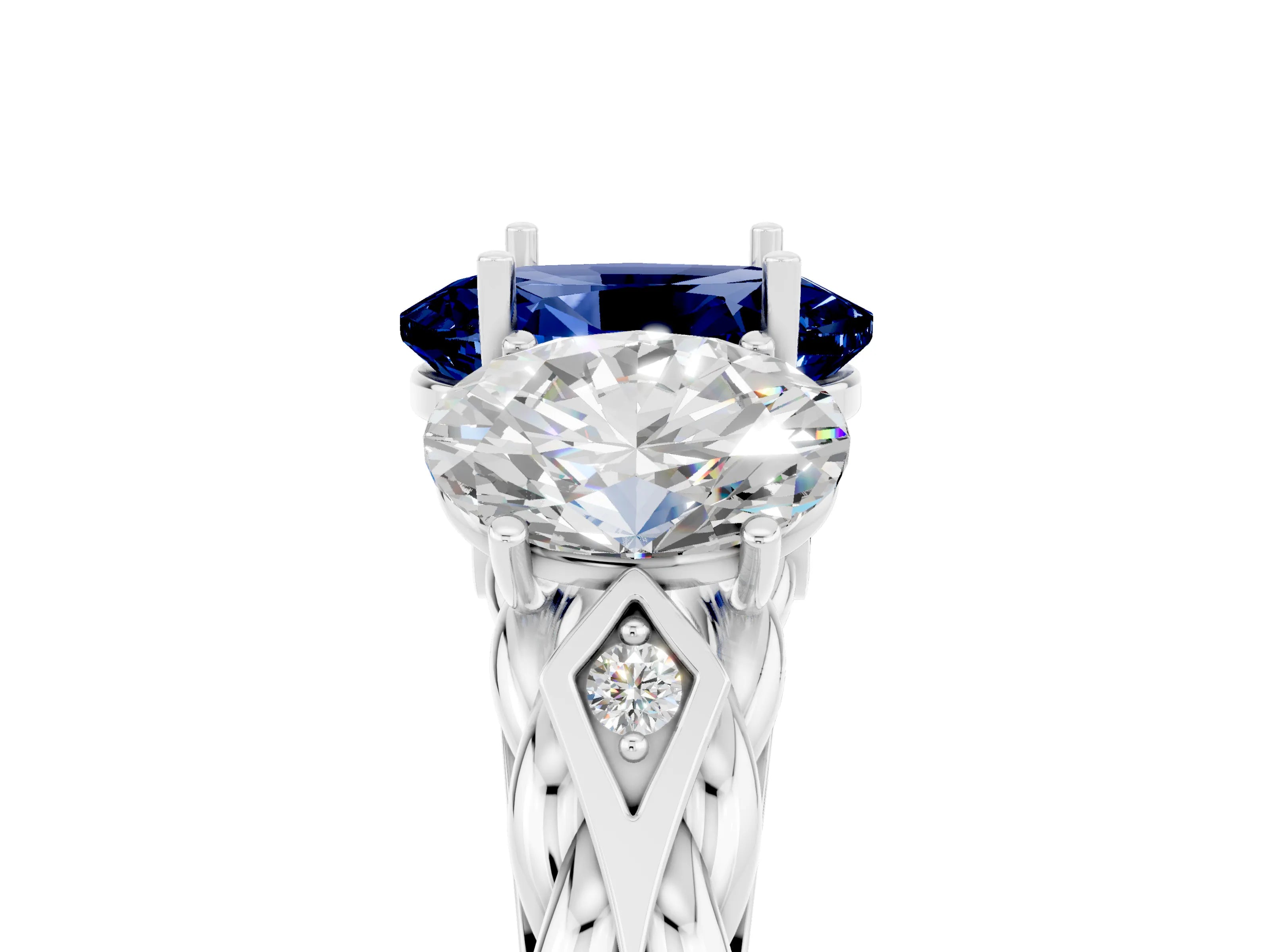 White gold Three-Stone Oval Cut Blue Sapphire Braided Band Ring with Four-Prong Setting_17