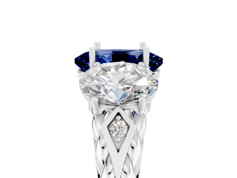 White gold Three-Stone Oval Cut Blue Sapphire Braided Band Ring with Four-Prong Setting_17
