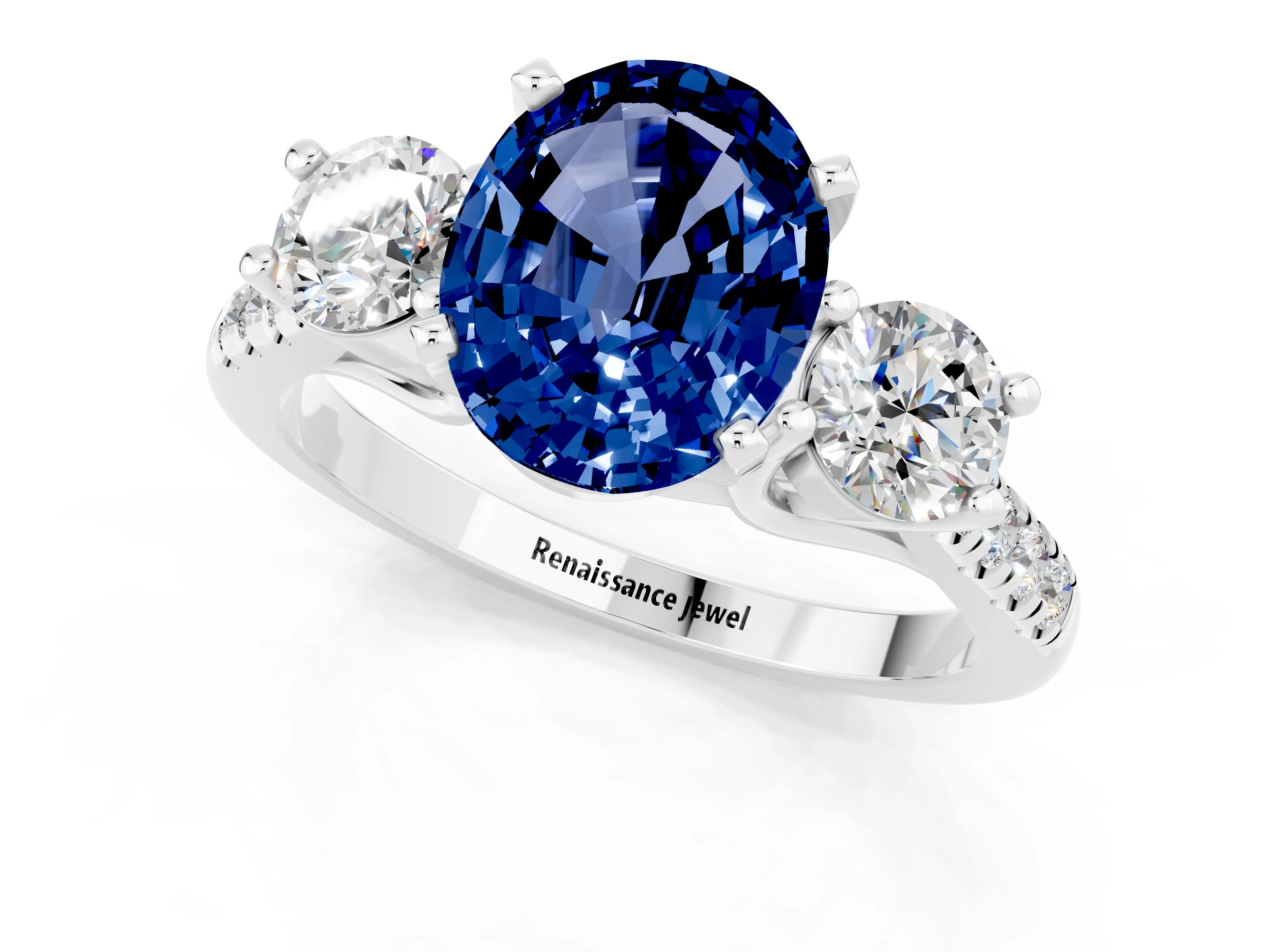 White gold Three-Stone Oval Cut Blue Sapphire Pavé Band with Four-Prong Setting_1