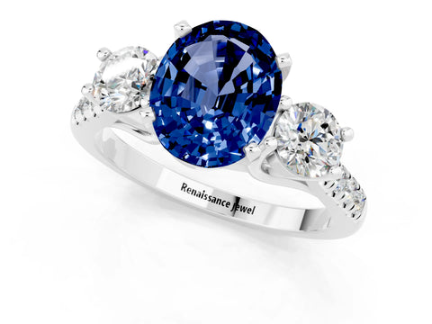 White gold Three-Stone Oval Cut Blue Sapphire Pavé Band with Four-Prong Setting_1