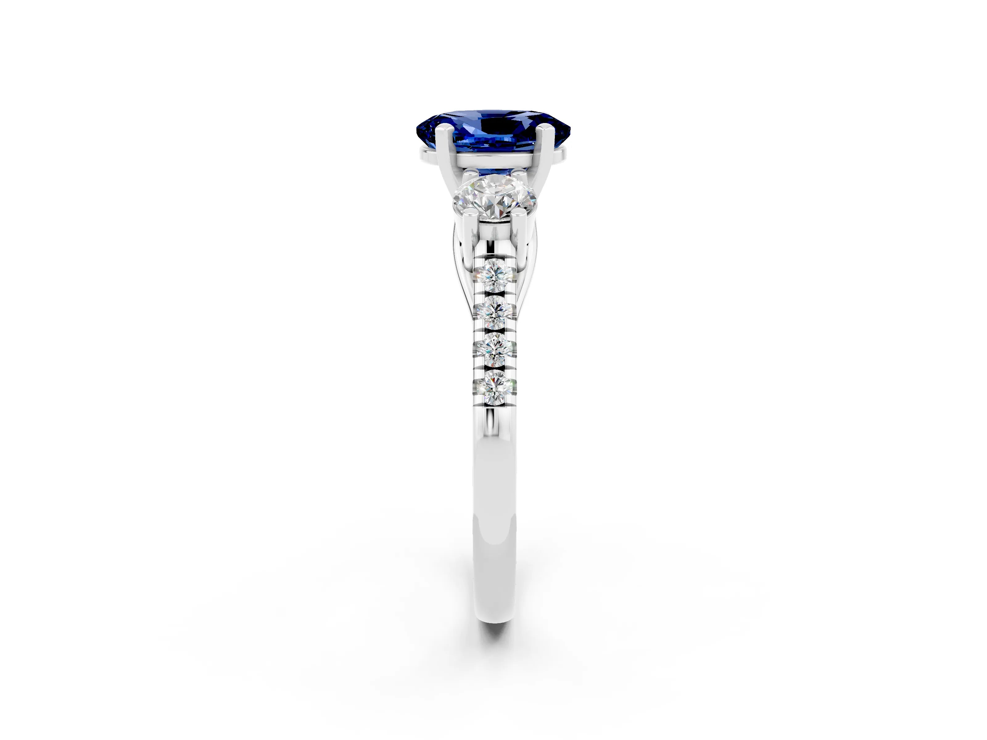 White gold Three-Stone Oval Cut Blue Sapphire Pavé Band with Four-Prong Setting_2