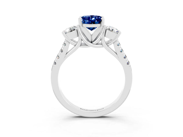 White gold Three-Stone Oval Cut Blue Sapphire Pavé Band with Four-Prong Setting