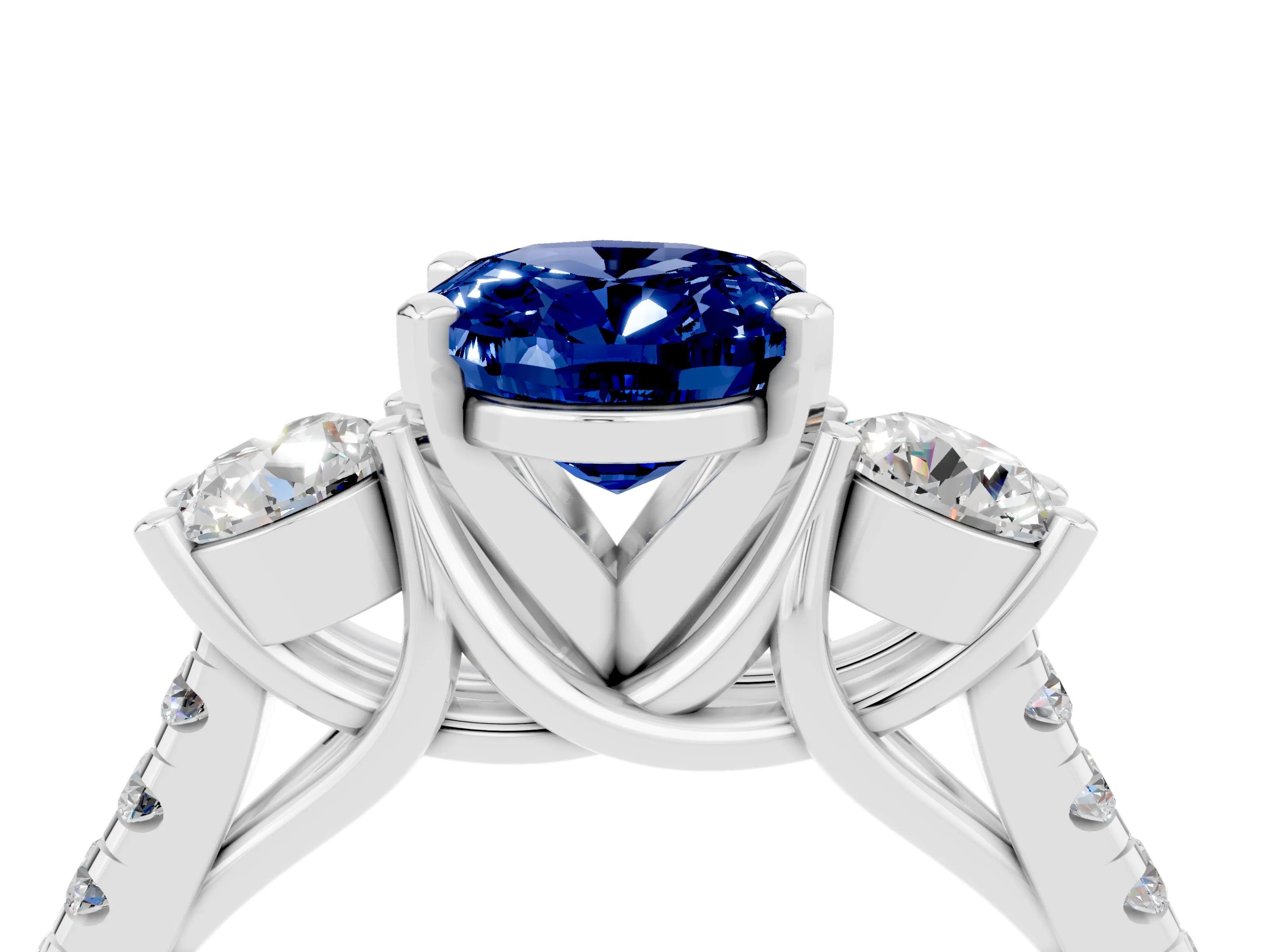 White gold Three-Stone Oval Cut Blue Sapphire Pavé Band with Four-Prong Setting_4