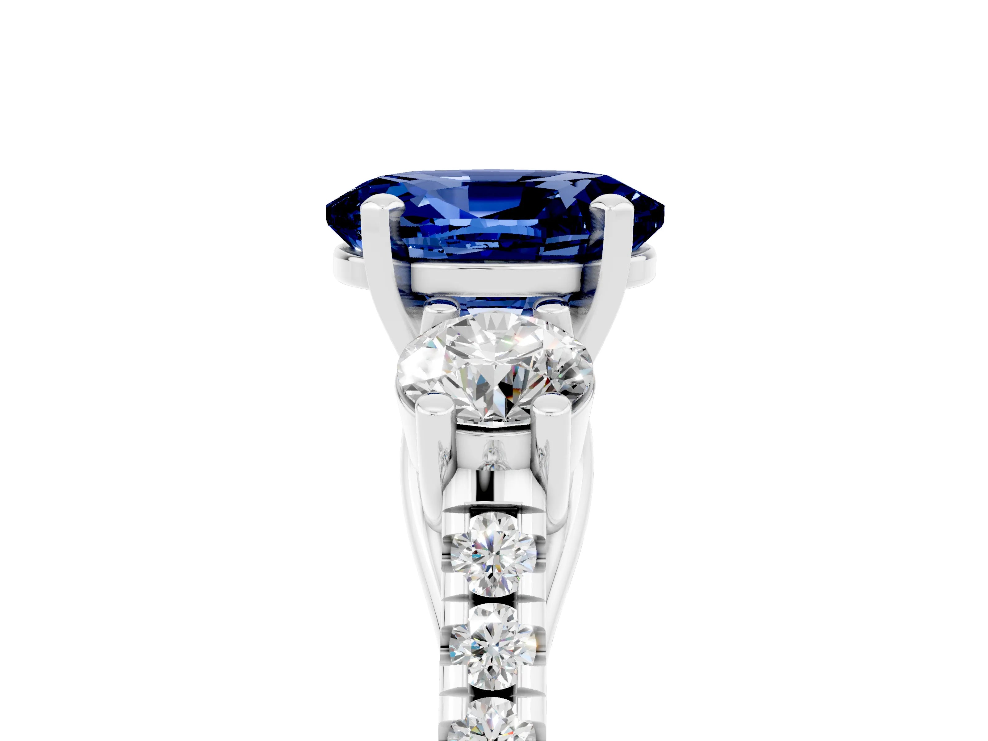 White gold Three-Stone Oval Cut Blue Sapphire Pavé Band with Four-Prong Setting_5