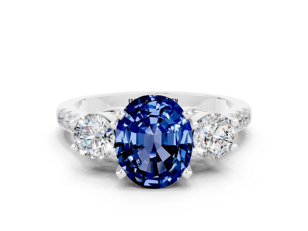 White gold Three-Stone Oval Cut Blue Sapphire Pavé Band with Four-Prong Setting
