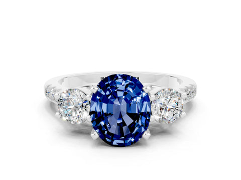 White gold Three-Stone Oval Cut Blue Sapphire Pavé Band with Four-Prong Setting