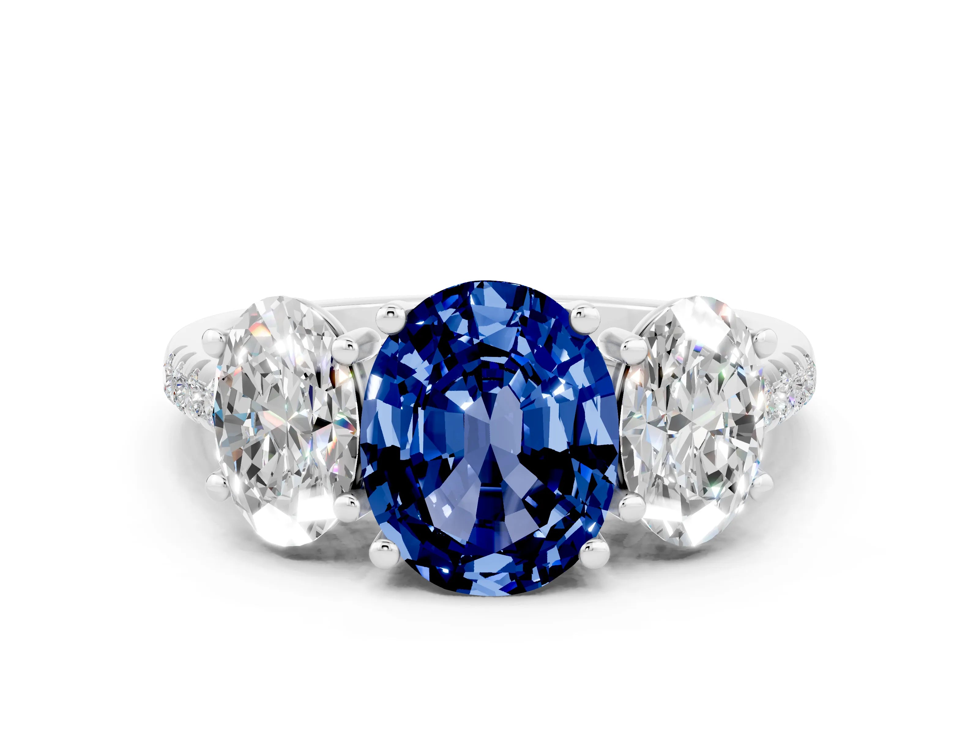 White gold Three-Stone Oval Cut Blue Sapphire Ring with Pavé Band and Prong Setting_12