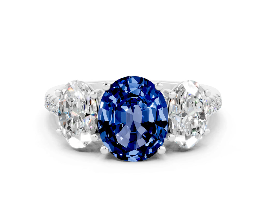 18K White Gold Three-Stone Blue Sapphire Ring with Round Pavé Band and Prong Setting