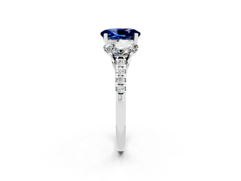 White gold Three-Stone Oval Cut Blue Sapphire Ring with Pavé Band and Prong Setting_14
