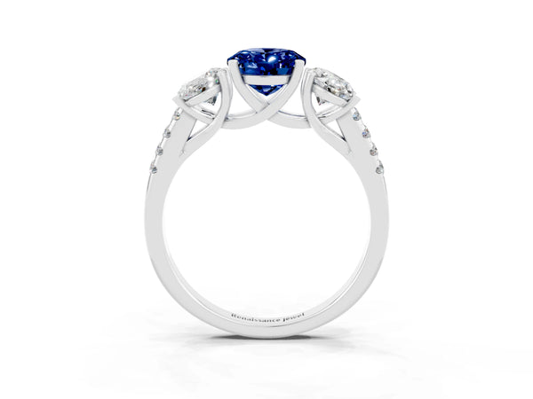 18K White Gold Three-Stone Blue Sapphire Ring with Round Pavé Band and Prong Setting