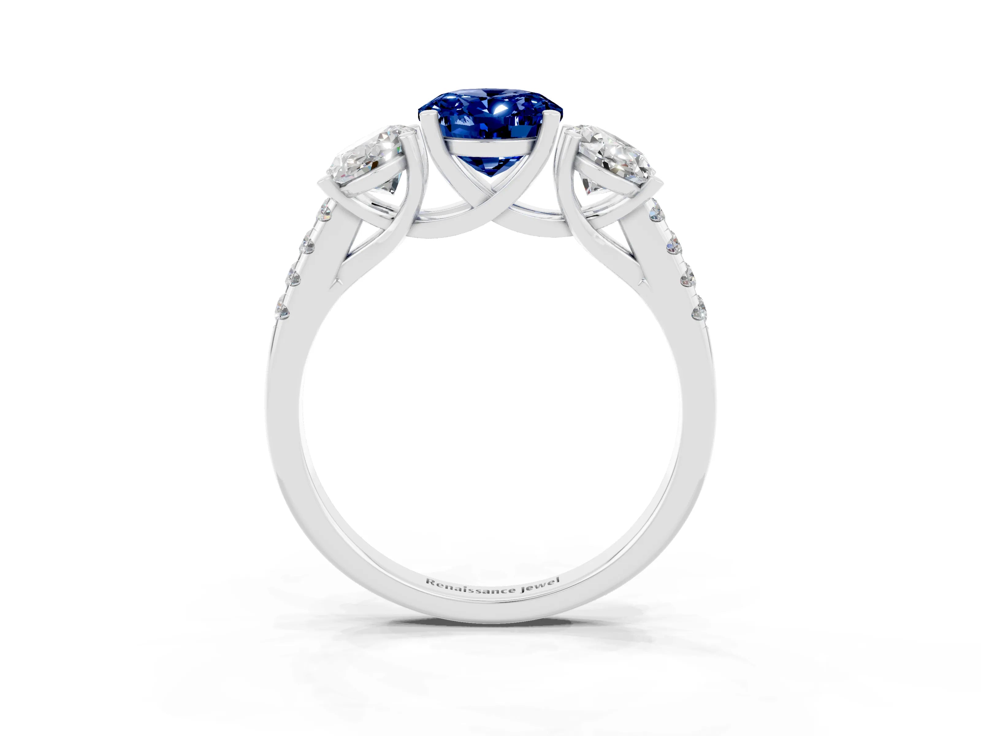 White gold Three-Stone Oval Cut Blue Sapphire Ring with Pavé Band and Prong Setting_15