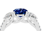 18K White Gold Three-Stone Blue Sapphire Ring with Round Pavé Band and Prong Setting