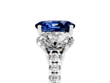 18K White Gold Three-Stone Blue Sapphire Ring with Round Pavé Band and Prong Setting