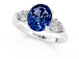 White gold Three-Stone Oval Cut Blue Sapphire Ring with Pear Side Stones and Four-Prong Setting_1