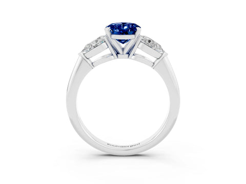 White gold Three-Stone Oval Cut Blue Sapphire Ring with Pear Side Stones and Four-Prong Setting_3