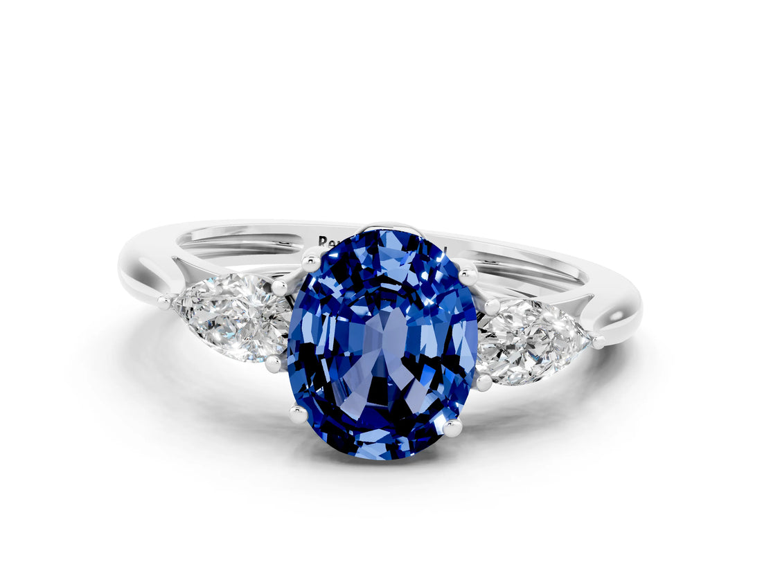 White gold Three-Stone Oval Cut Blue Sapphire Ring with Pear  Side Stones in Four-Prong Setting_12