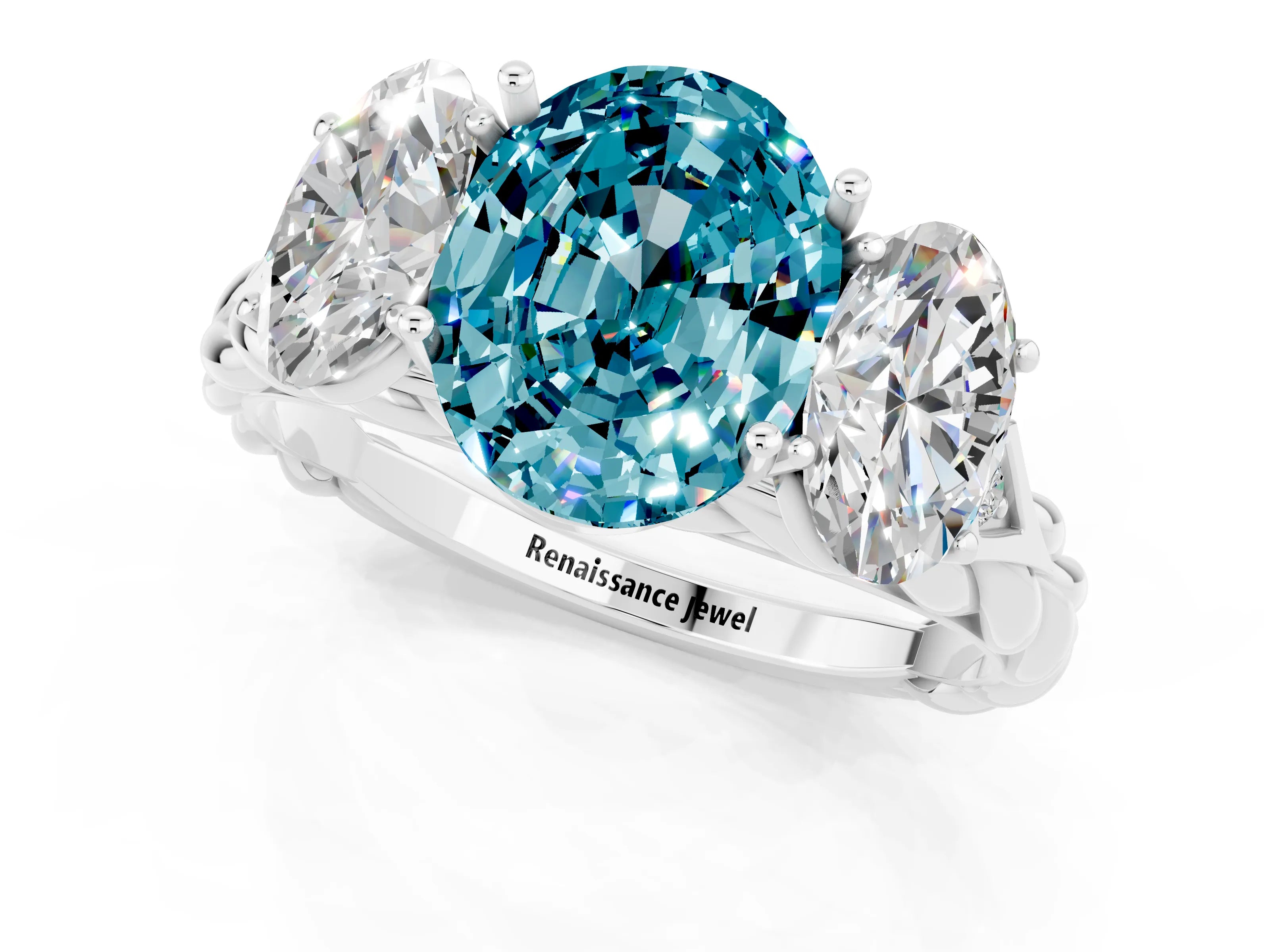 White gold Three-Stone Oval Cut Blue Topaz Braided Band Ring with Four-Prong Setting_13