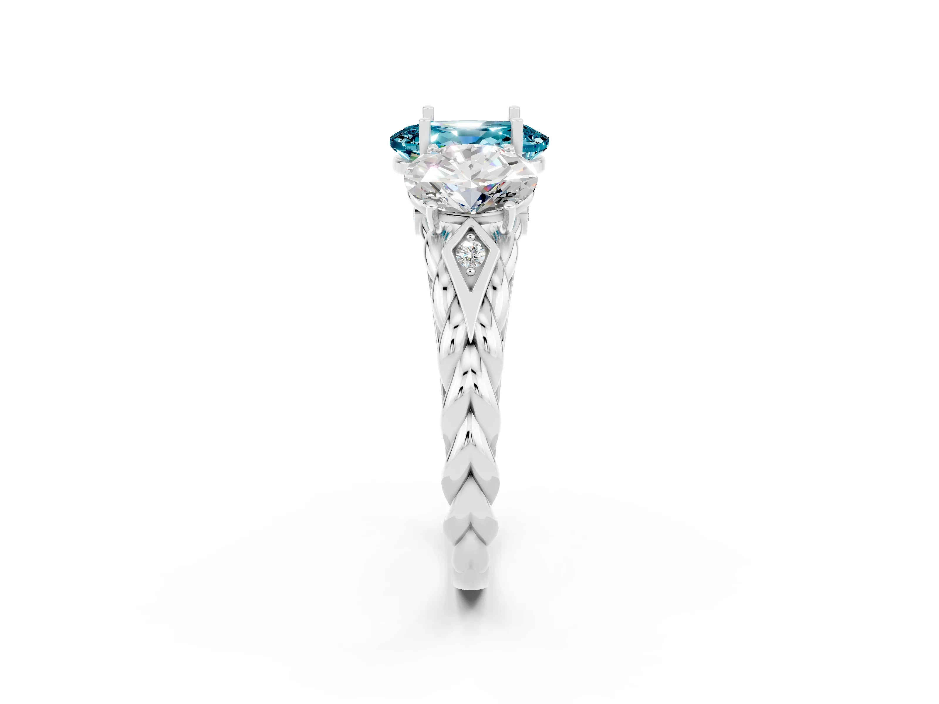 White gold Three-Stone Oval Cut Blue Topaz Braided Band Ring with Four-Prong Setting_14