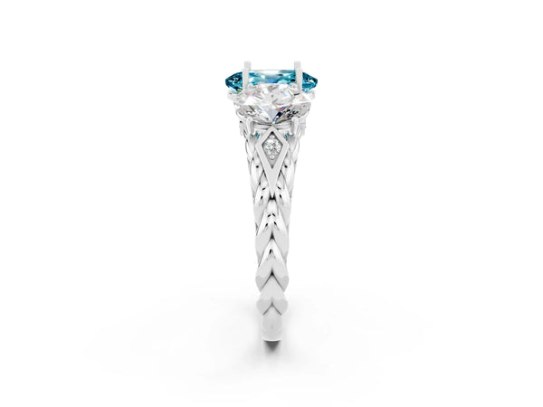 White gold Three-Stone Oval Cut Blue Topaz Braided Band Ring with Four-Prong Setting
