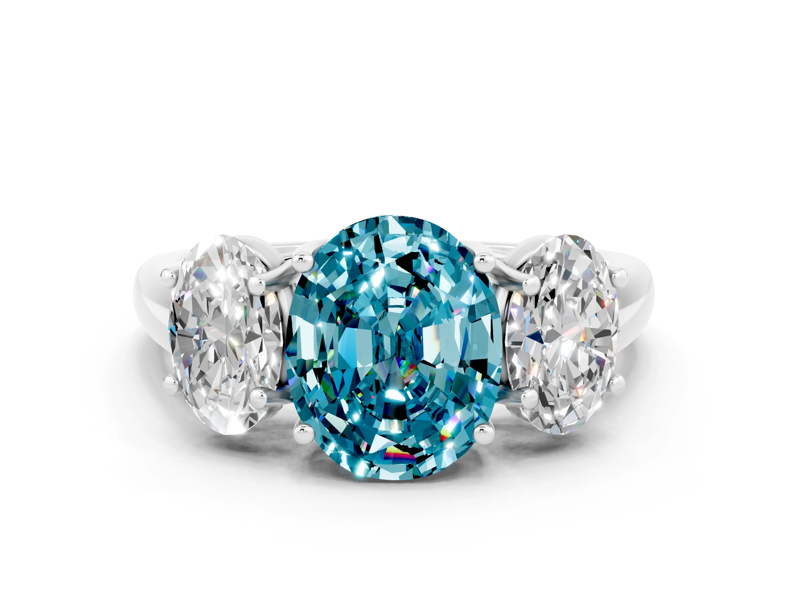 White gold Three-Stone Oval Cut Blue Topaz Engagement Ring with Prong Setting