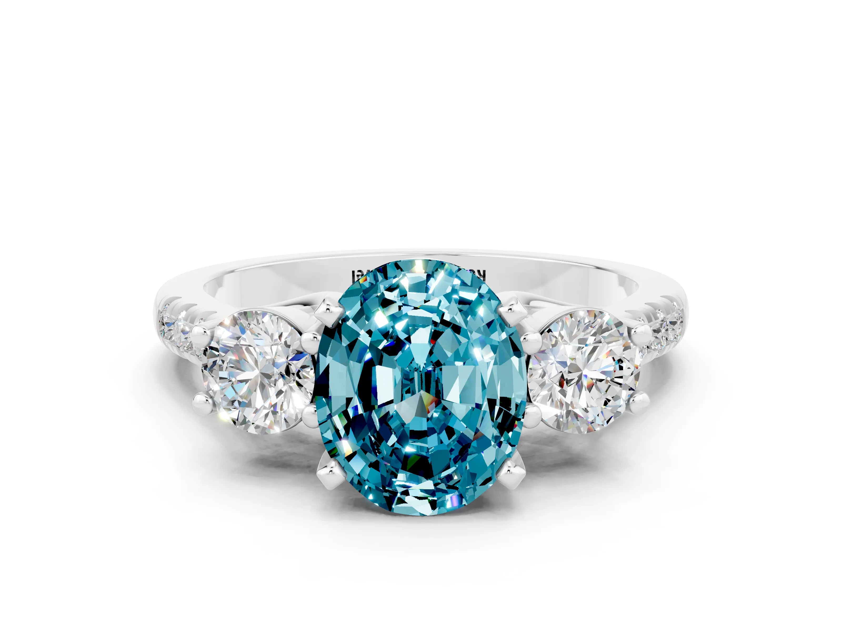 White gold Three-Stone Oval Cut Blue Topaz Pavé Band with Four-Prong Setting