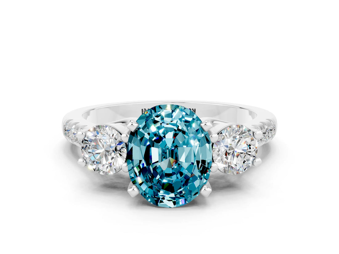 White gold Three-Stone Oval Cut Blue Topaz Pavé Band with Four-Prong Setting