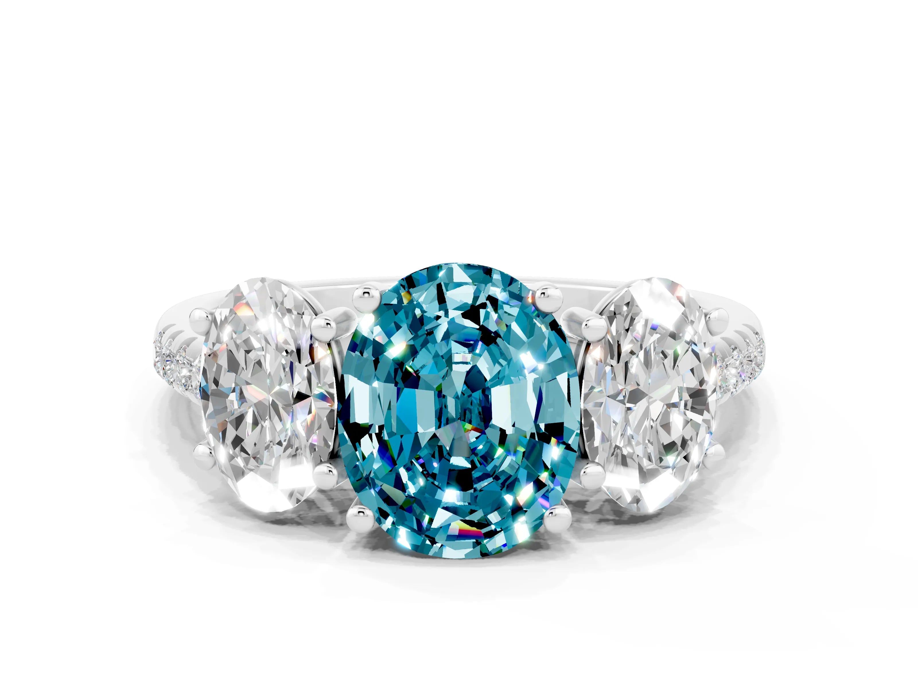 White gold Three-Stone Oval Cut Blue Topaz Ring with Pavé Band and Prong Setting_12