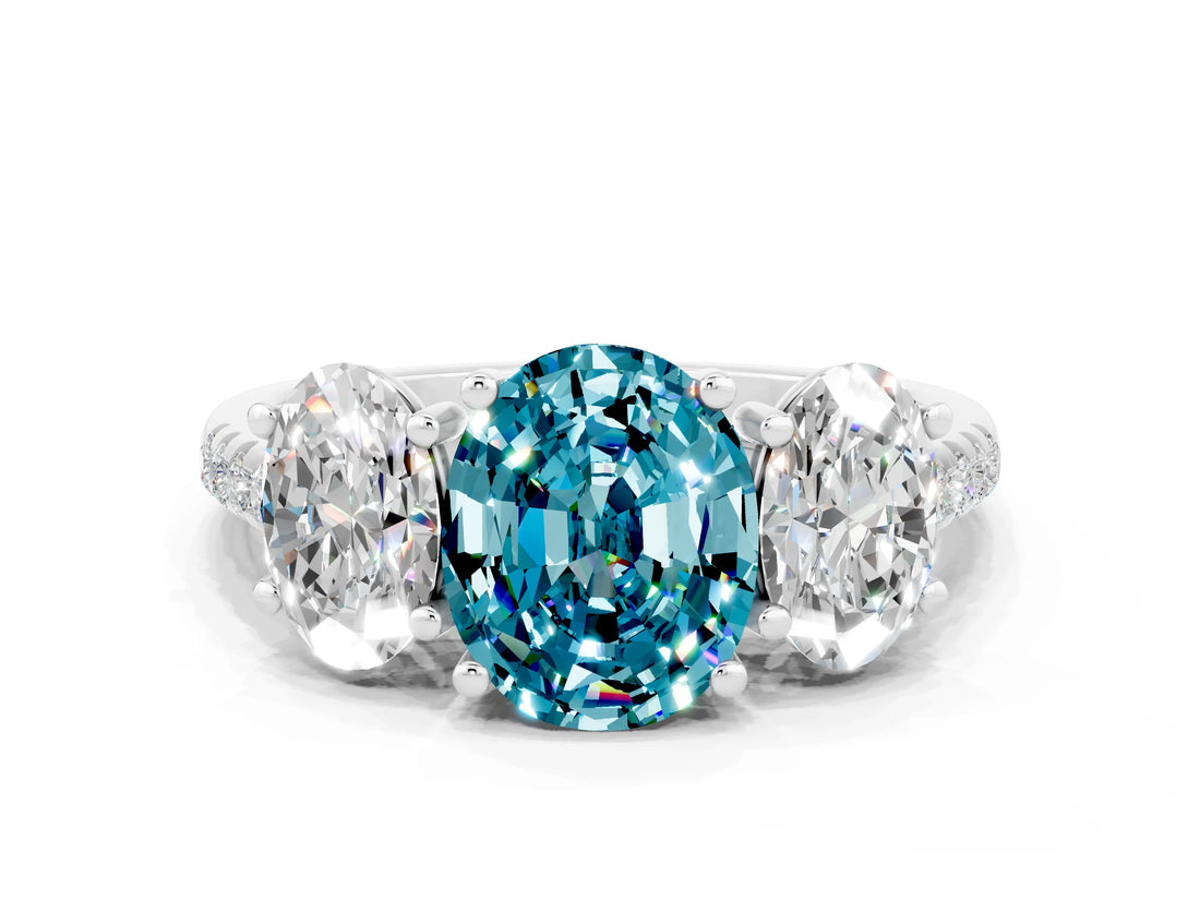 White gold Three-Stone Oval Cut Blue Topaz Ring with Pavé Band and Prong Setting_12