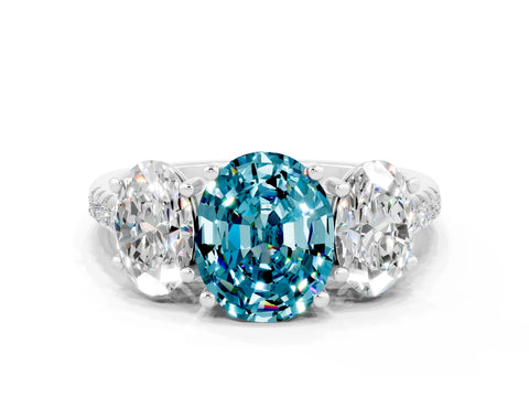 White gold Three-Stone Oval Cut Blue Topaz Ring with Pavé Band and Prong Setting_12