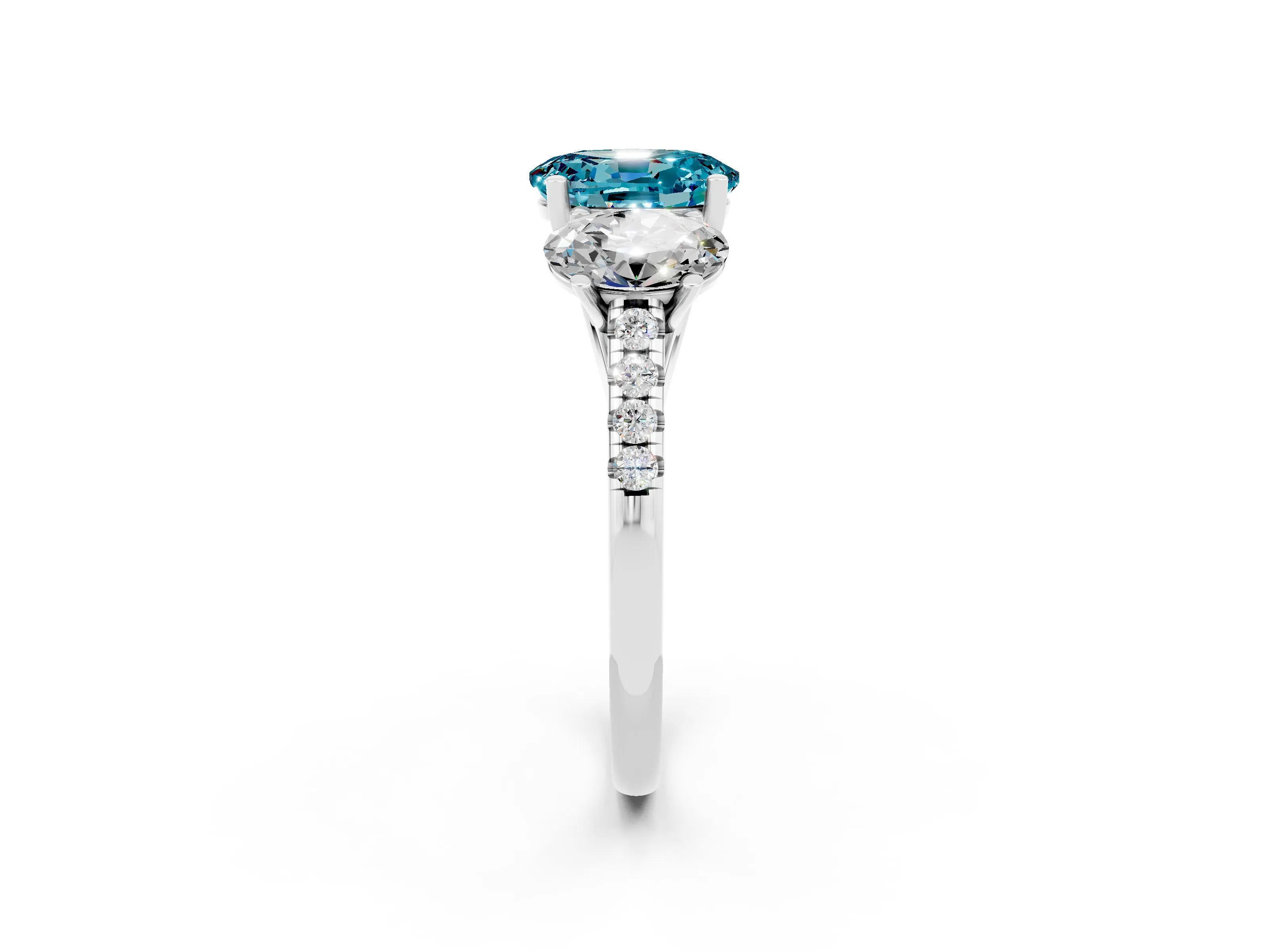 White gold Three-Stone Oval Cut Blue Topaz Ring with Pavé Band and Prong Setting_14