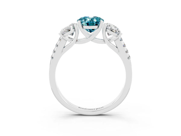 Platinum Three-Stone Oval Cut Blue Topaz Ring with Round  Pavé Band and Prong Setting