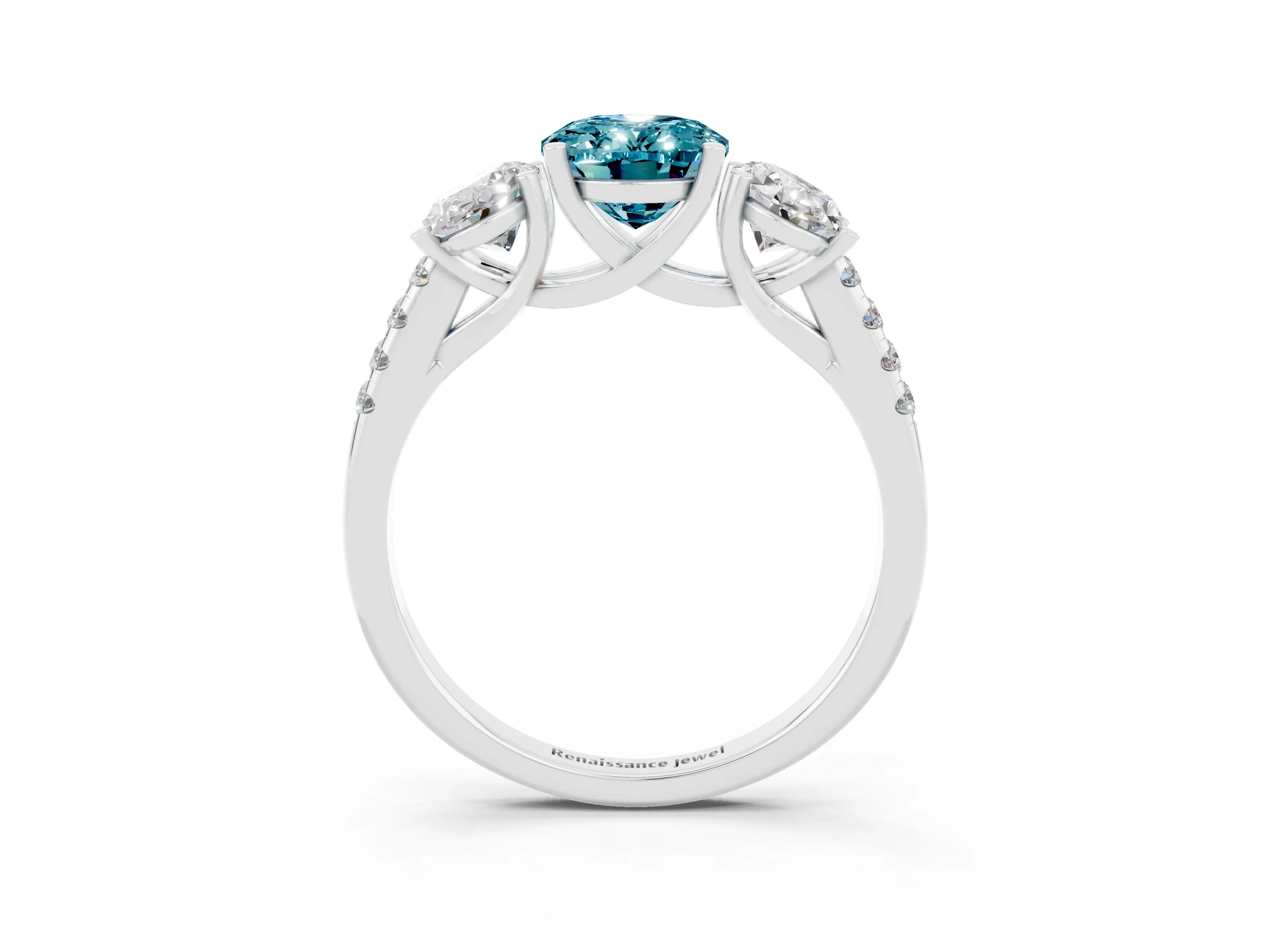 White gold Three-Stone Oval Cut Blue Topaz Ring with Pavé Band and Prong Setting_15