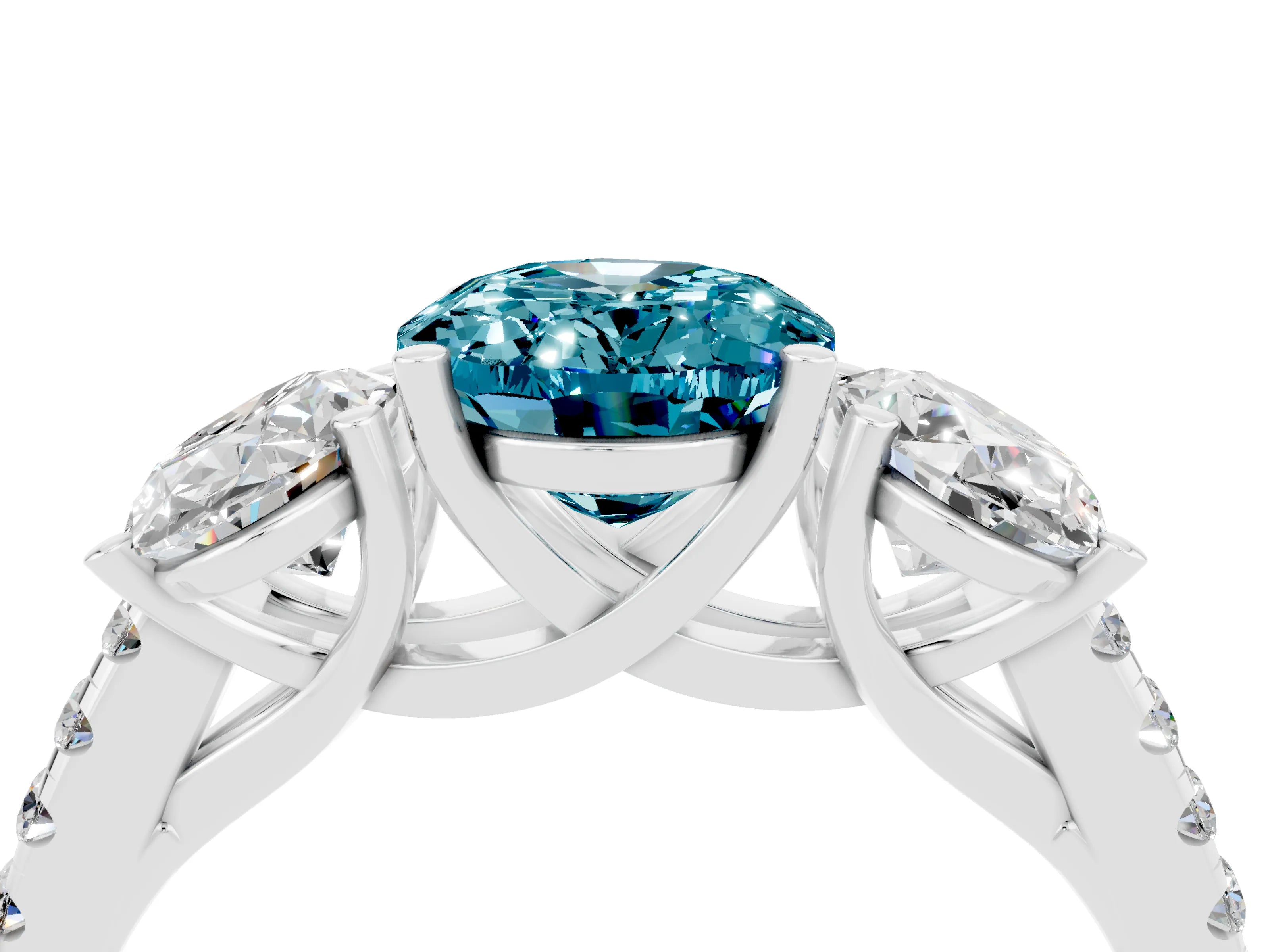 White gold Three-Stone Oval Cut Blue Topaz Ring with Pavé Band and Prong Setting_16