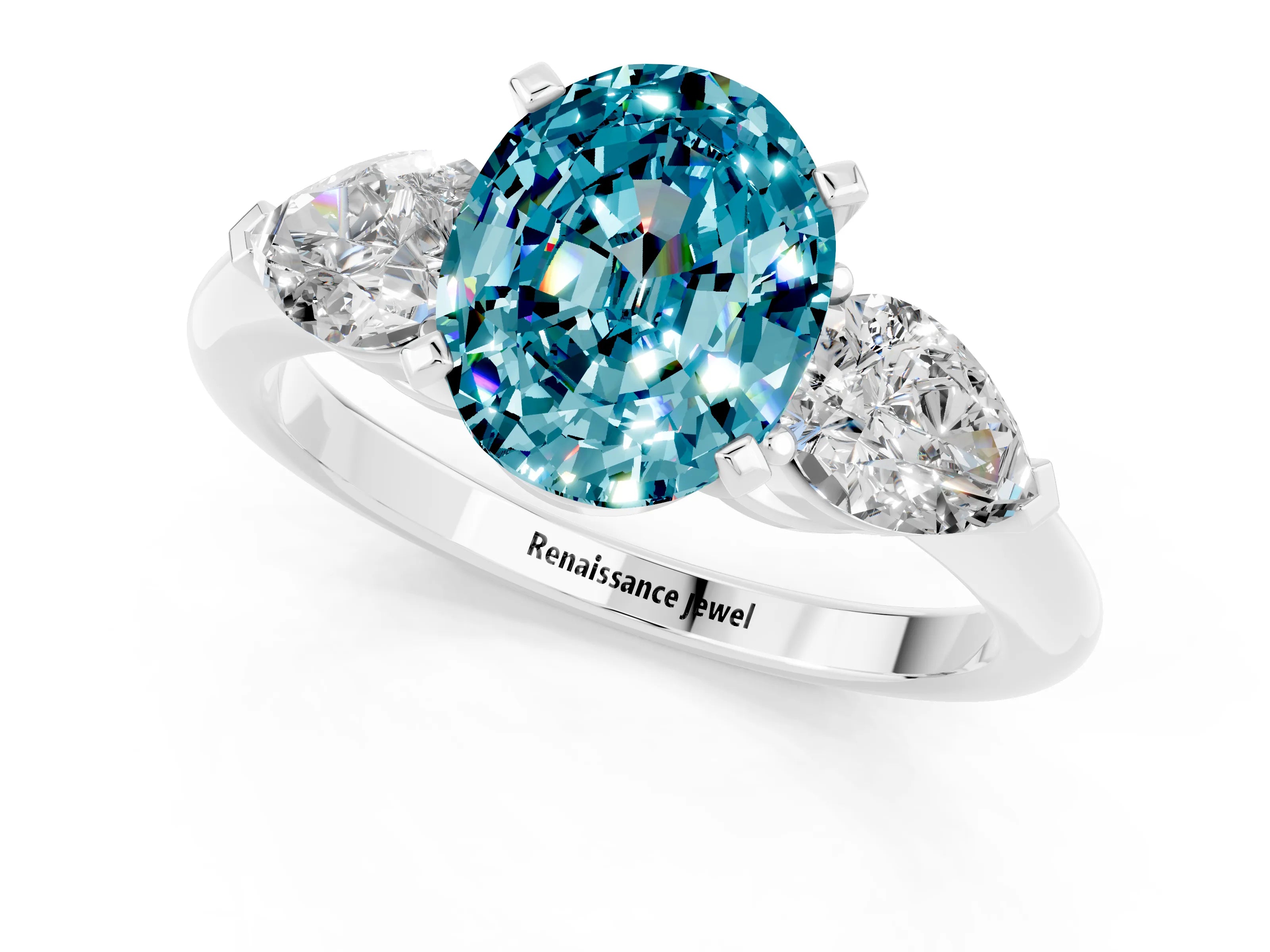 White gold Three-Stone Oval Cut Blue Topaz Ring with Pear Side Stones and Four-Prong Setting_1