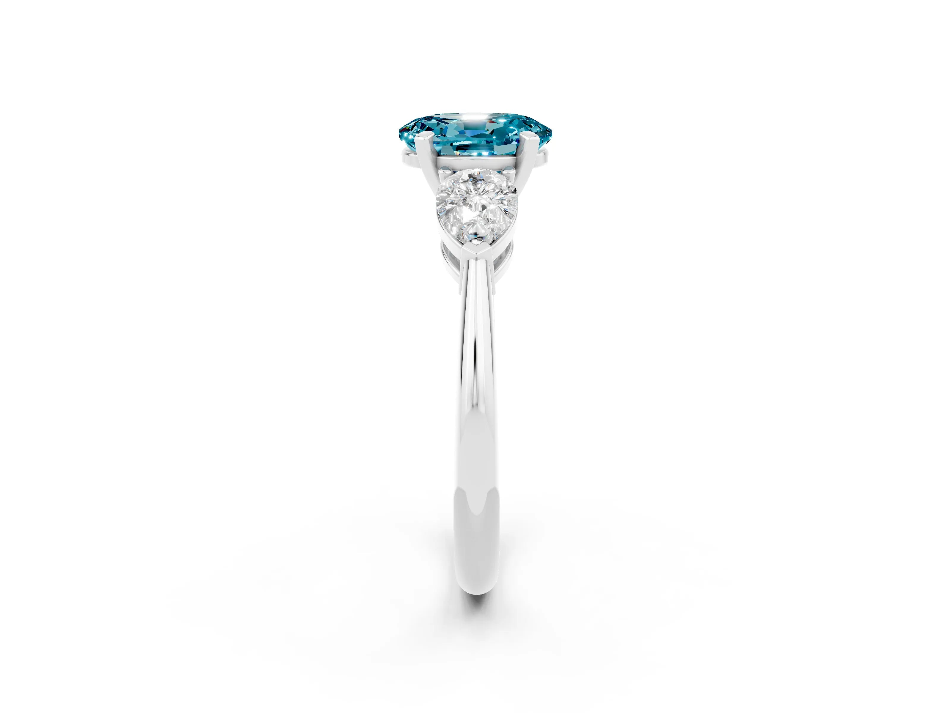 White gold Three-Stone Oval Cut Blue Topaz Ring with Pear Side Stones and Four-Prong Setting_2