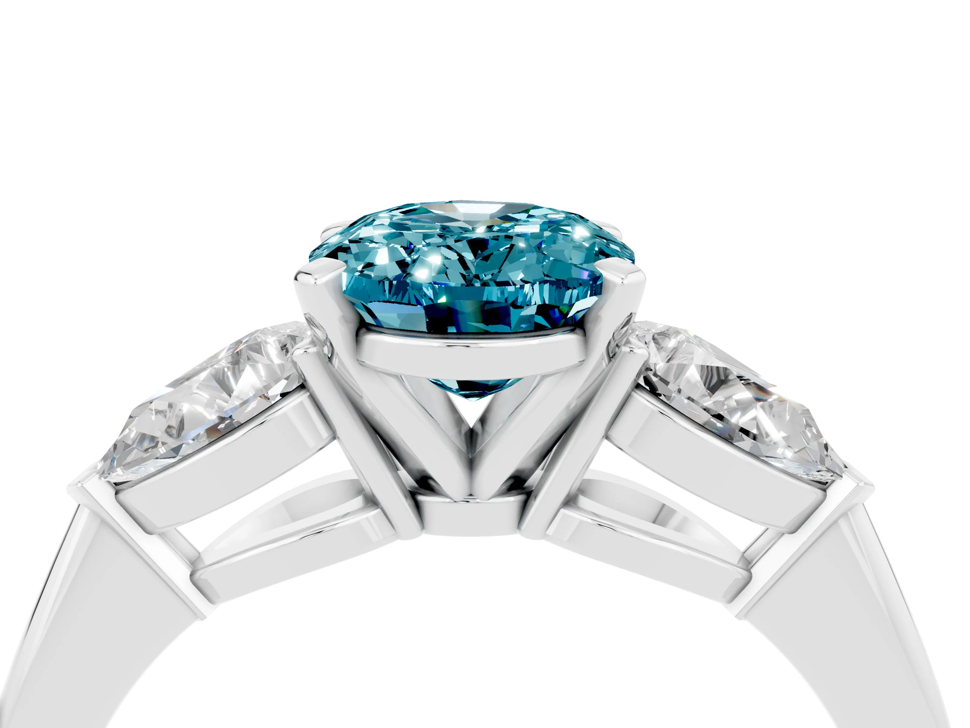 White gold Three-Stone Oval Cut Blue Topaz Ring with Pear Side Stones and Four-Prong Setting_4