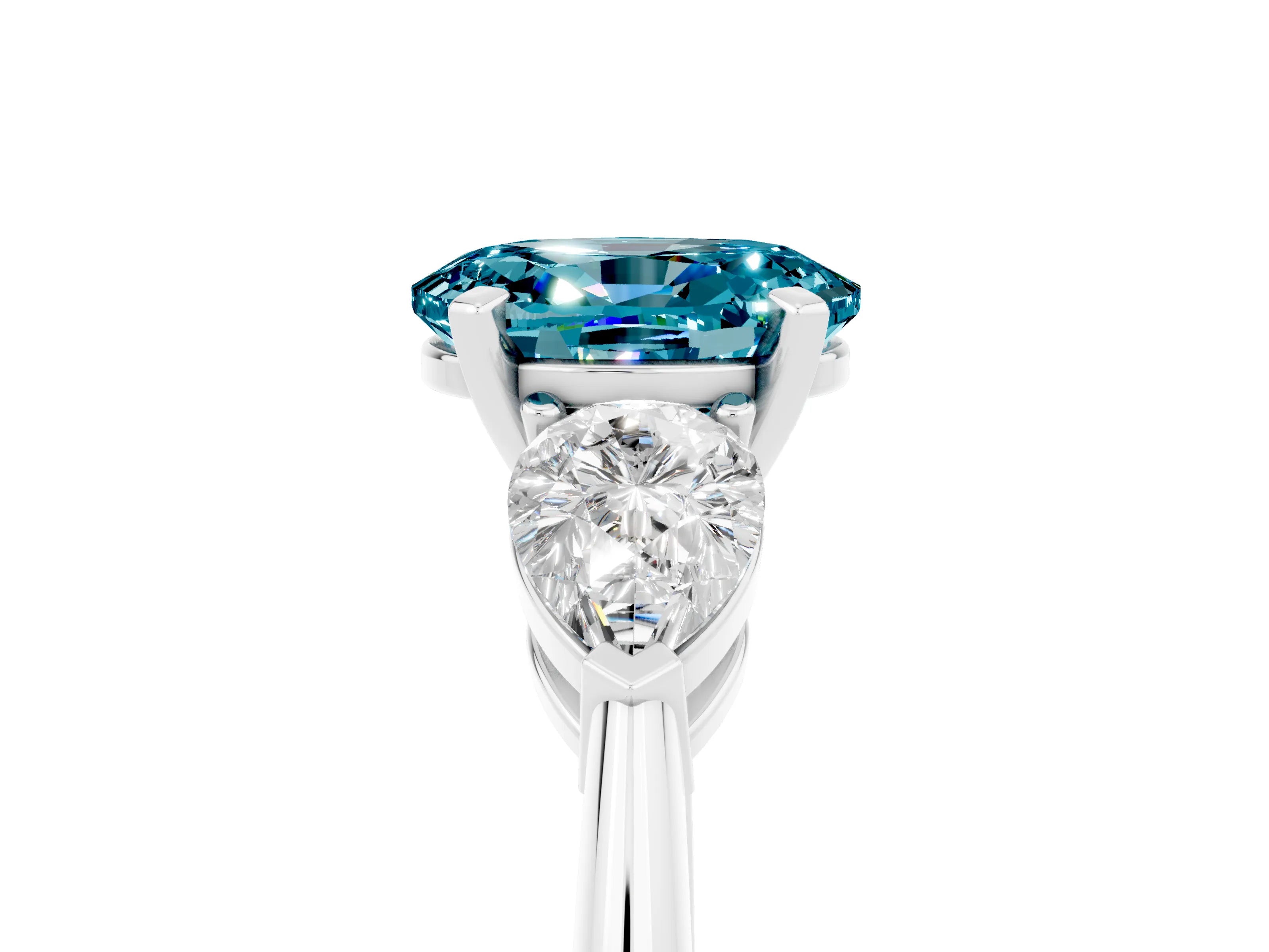 White gold Three-Stone Oval Cut Blue Topaz Ring with Pear Side Stones and Four-Prong Setting_5