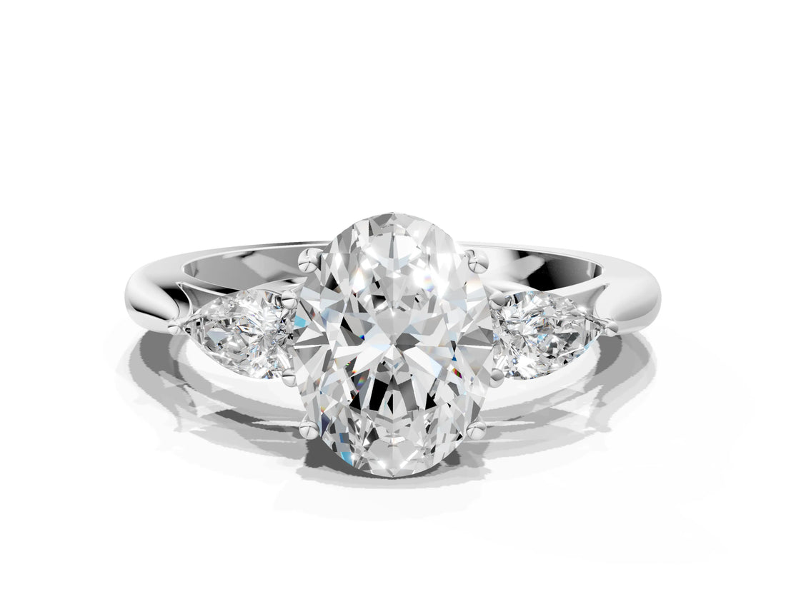 White gold Three-Stone Oval Cut Brilliant Diamond Solitaire Ring with Tapered Band and Four-Prong Setting_13
