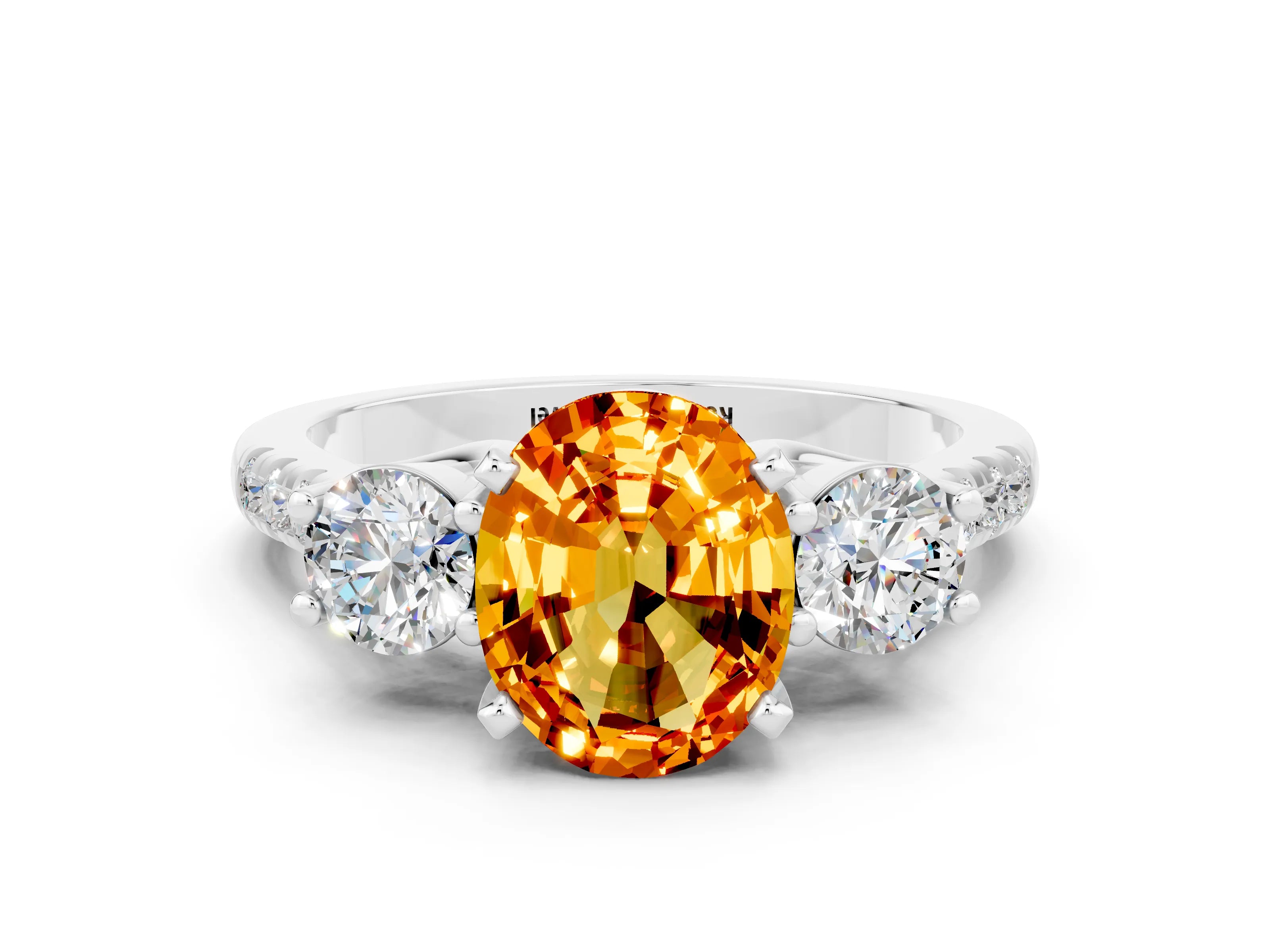 White gold Three-Stone Oval Cut Citrine Pavé Band with Four-Prong Setting