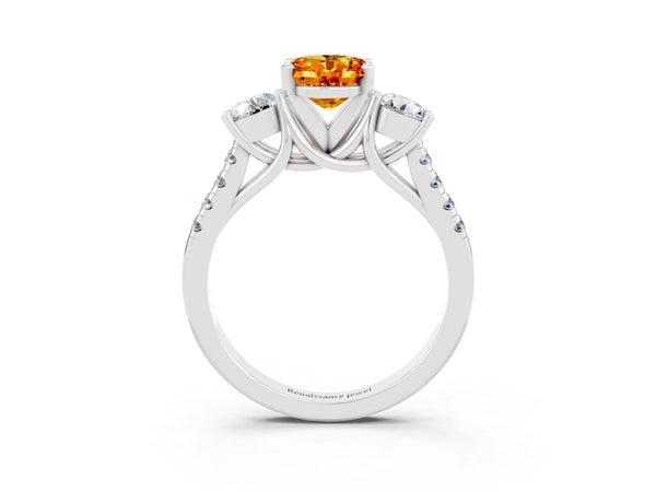 Platinum Three-Stone Oval Cut Citrine Pavé Band with Four-Prong Setting