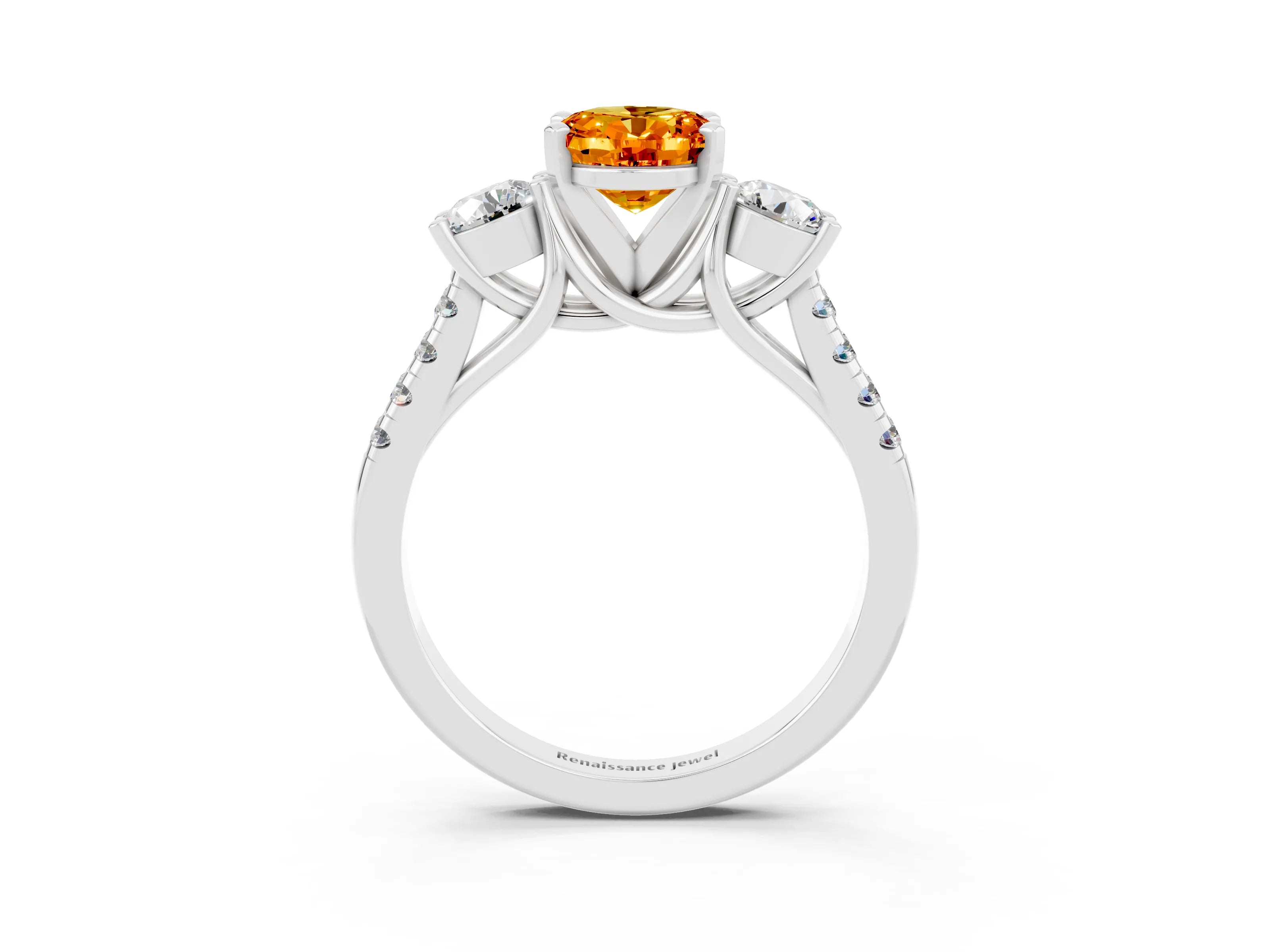 White gold Three-Stone Oval Cut Citrine Pavé Band with Four-Prong Setting_3
