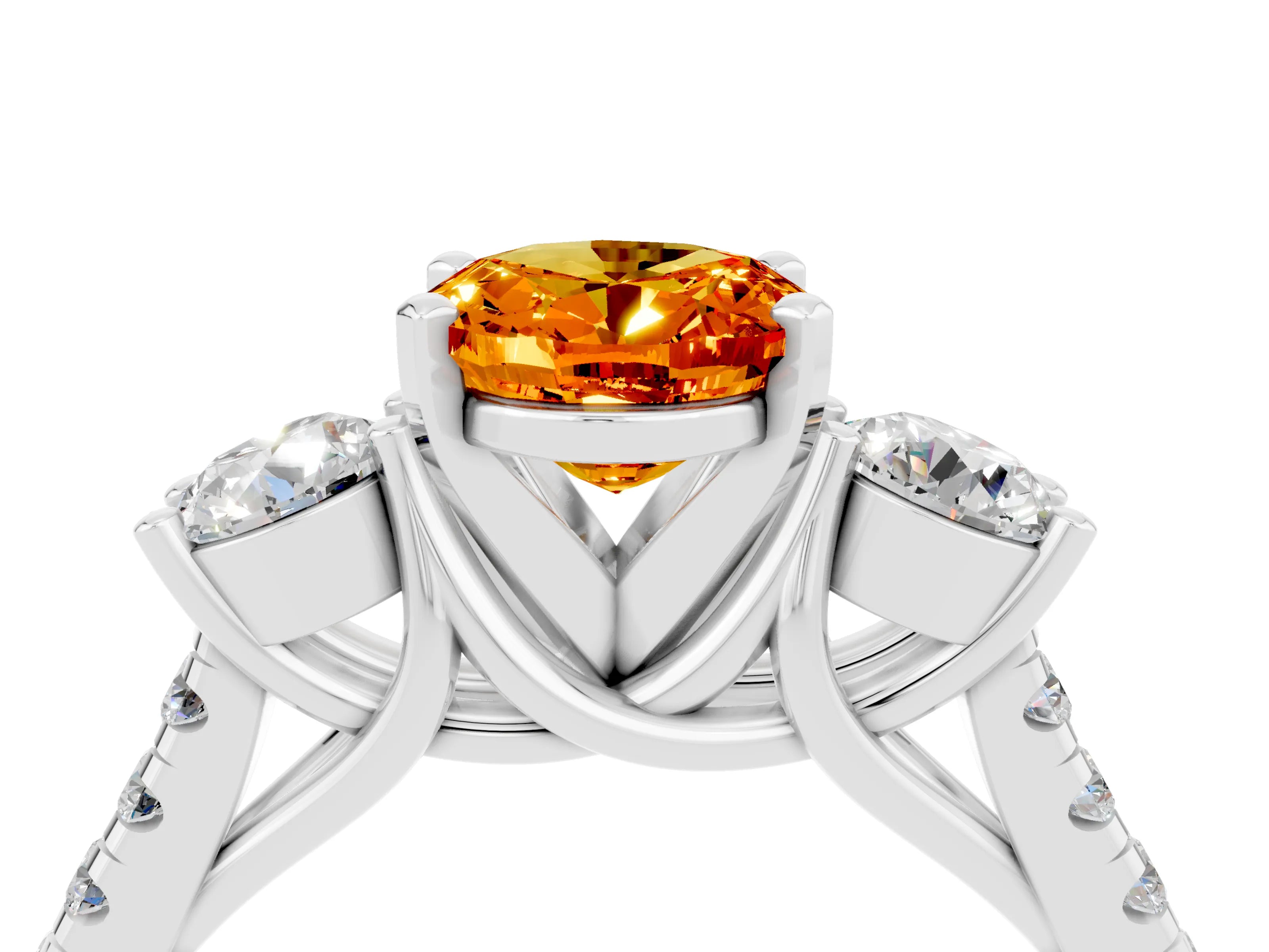 White gold Three-Stone Oval Cut Citrine Pavé Band with Four-Prong Setting_4