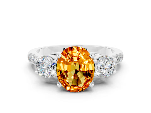 White gold Three-Stone Oval Cut Citrine Pavé Band with Four-Prong Setting
