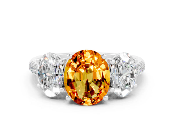 White gold Three-Stone Oval Cut Citrine Ring with Round  Pavé Band and Prong Setting
