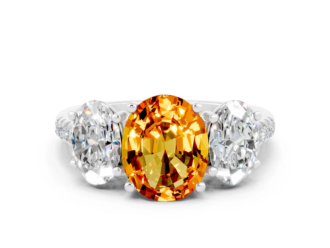 White gold Three-Stone Oval Cut Citrine Ring with Pavé Band and Prong Setting_12