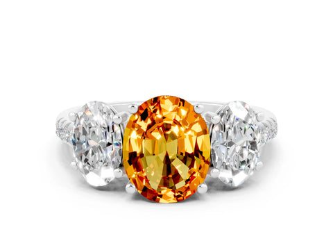 White gold Three-Stone Oval Cut Citrine Ring with Pavé Band and Prong Setting_12
