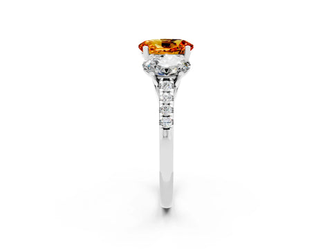 White gold Three-Stone Oval Cut Citrine Ring with Pavé Band and Prong Setting_14