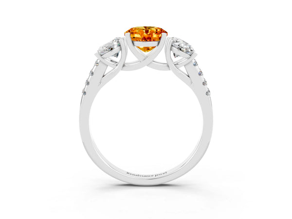 White gold Three-Stone Oval Cut Citrine Ring with Round  Pavé Band and Prong Setting