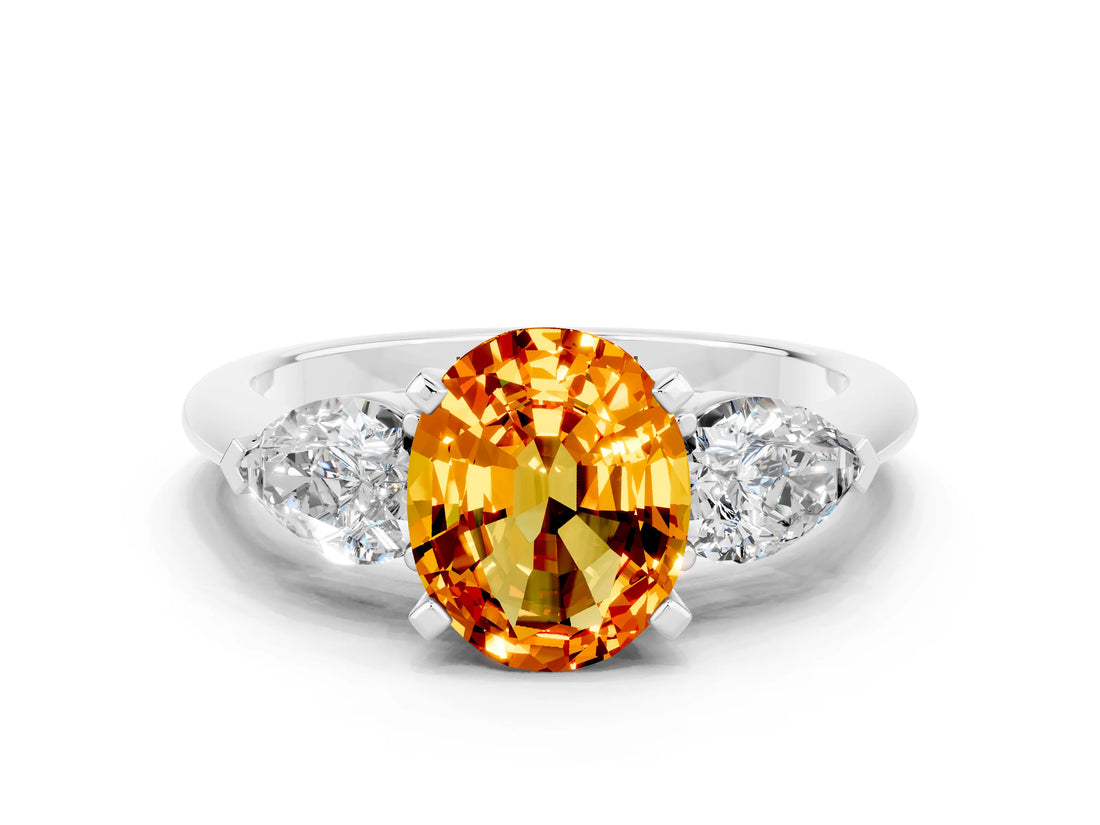 White gold Three-Stone Oval Cut Citrine Ring with Pear Side Stones and Four-Prong Setting