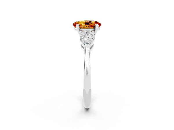 White gold Three-Stone Oval Cut Citrine Ring with Pear Side Stones and Four-Prong Setting